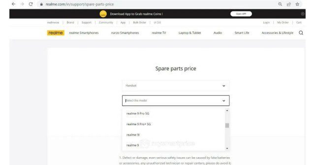 Realme 9 (4G) appears in list on the company's official site