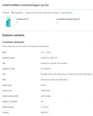 Honor Magic5 Lite specs on the Google Play Console